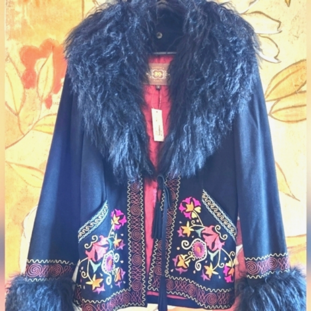 DOUBLE D RANCH Black Suede Embroidery Mongolian Lamb Fur Collar Cuffs Jacket NWT - Picture 2 of 16